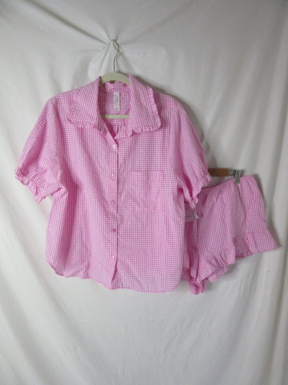 Auden Pajamas Pink Gingham Ruffle Shorts Button Notch Collar Top Size Large NWT - Picture 3 of 13